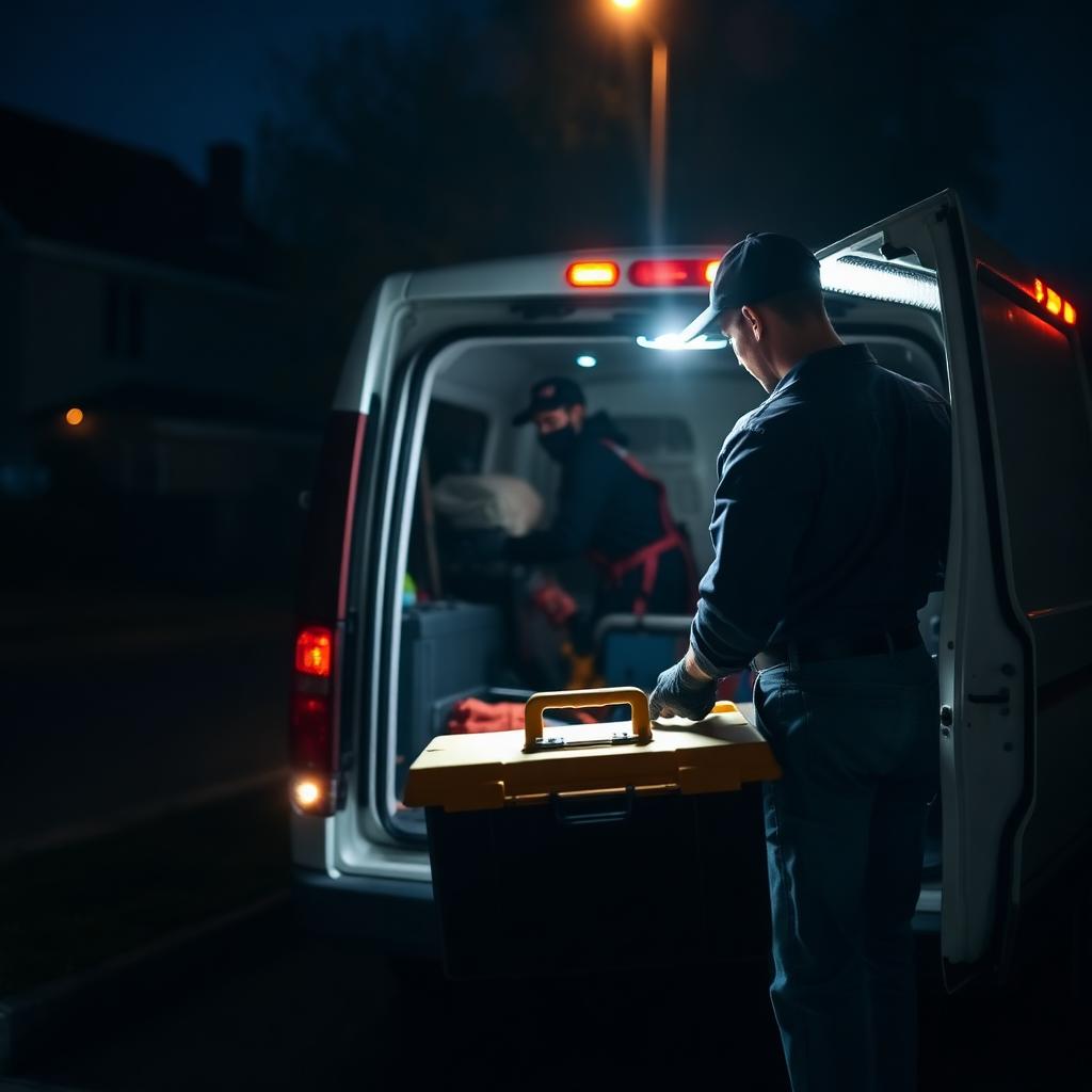 Emergency plumber at night arriving with tools and a service van