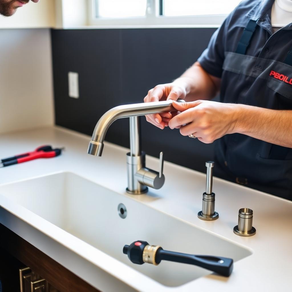 Plumber installing a new brushed nickel kitchen faucet