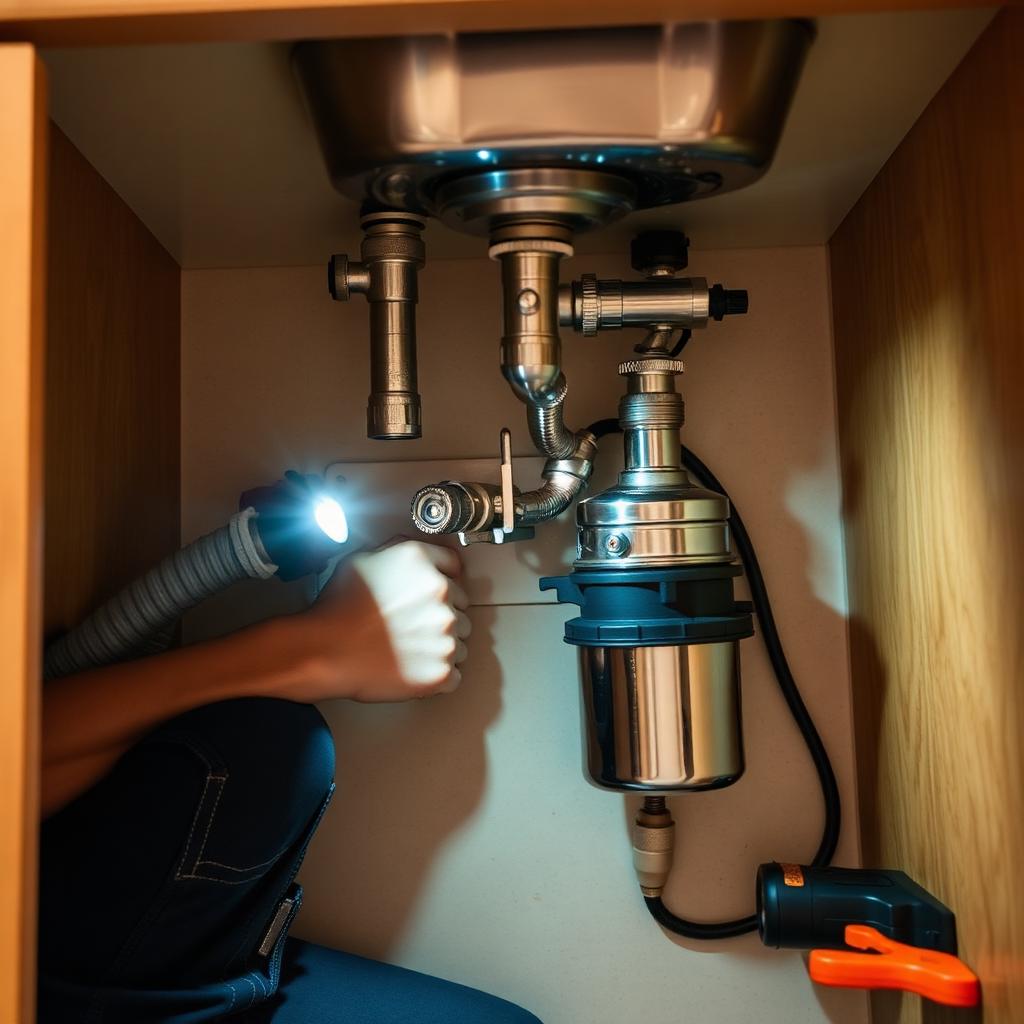 Plumber installing a stainless garbage disposal under a kitchen sink