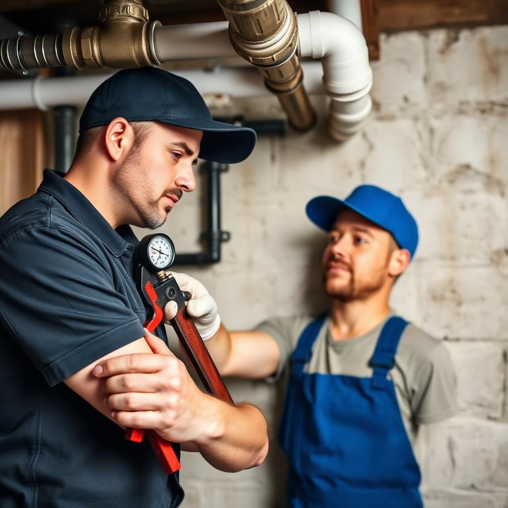 Plumber working on natural gas piping with a pressure gauge