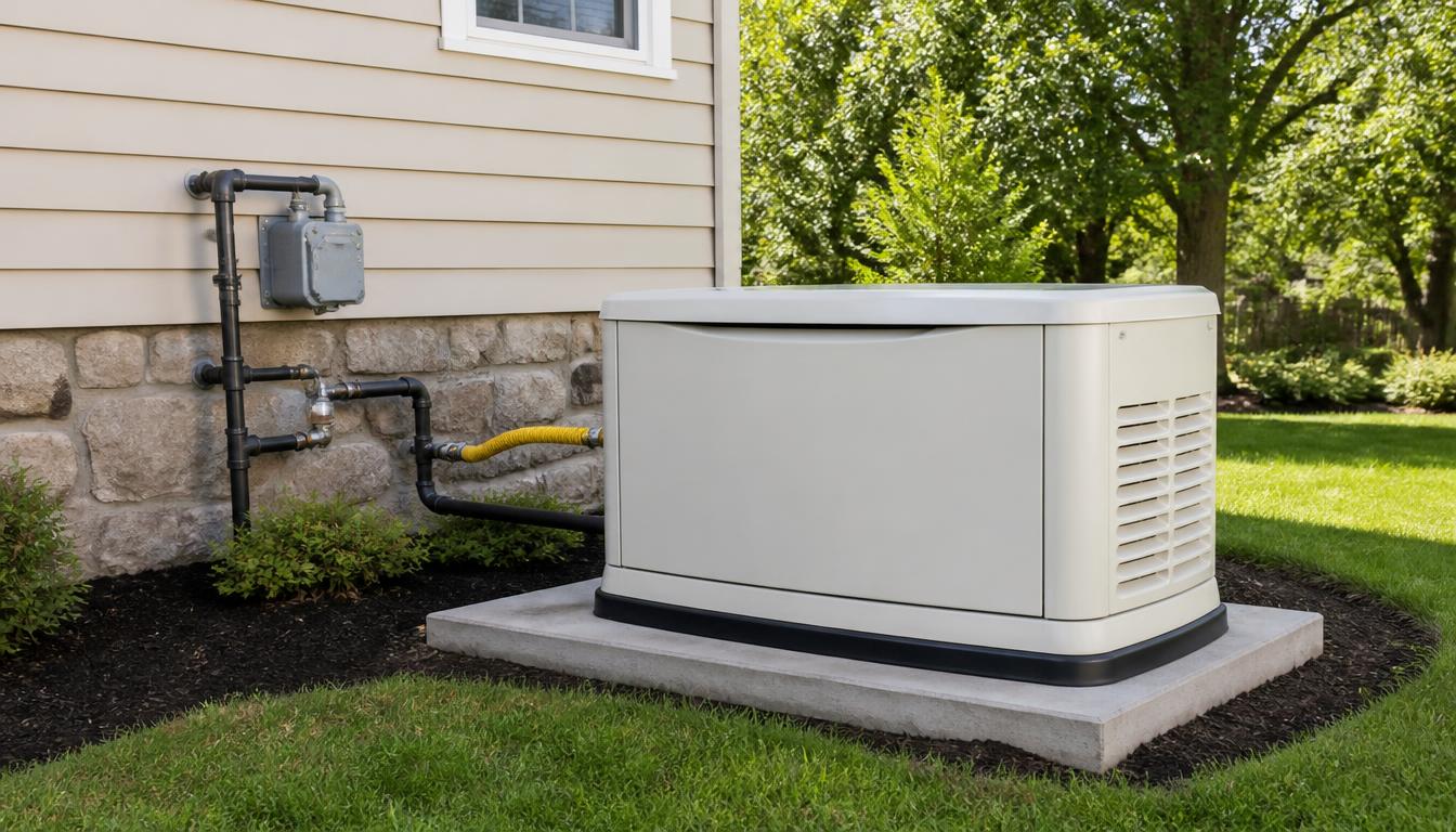 Whole-home standby generator with black iron gas piping connected to a suburban home