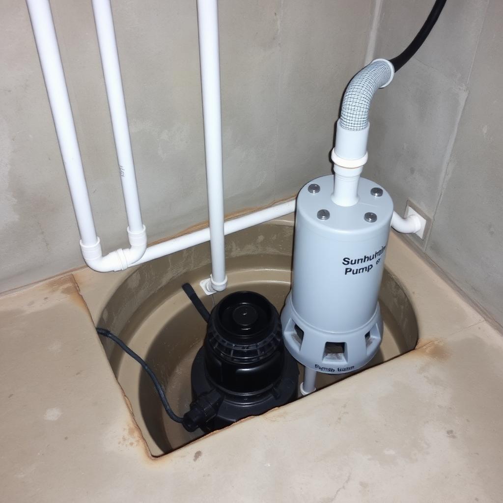 Newly installed sump pump in a residential basement sump pit