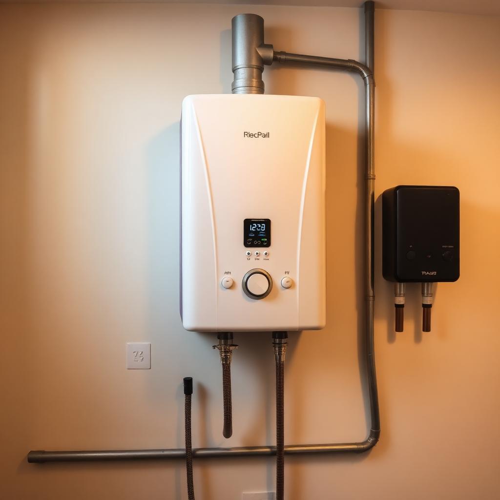 Modern tankless water heater installed on a utility room wall