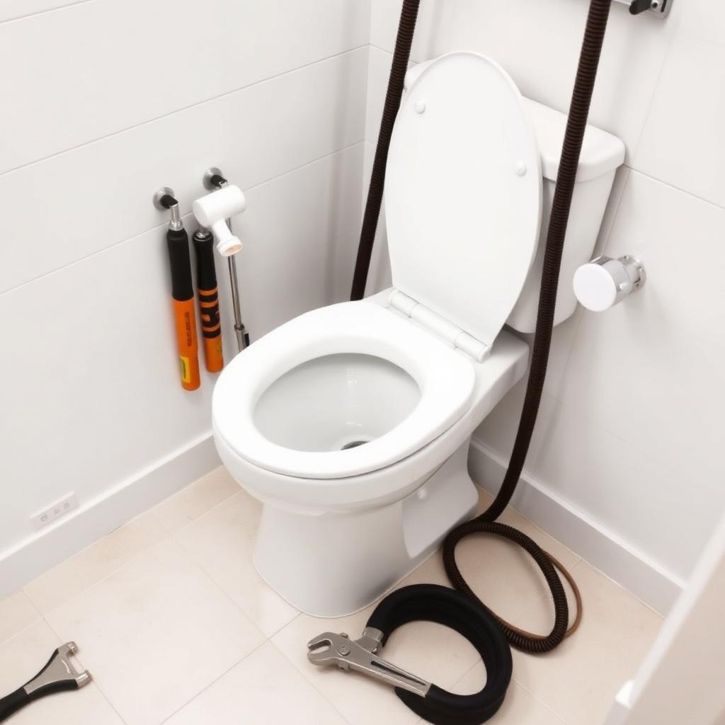 Plumber repairing a modern white toilet in a clean bathroom