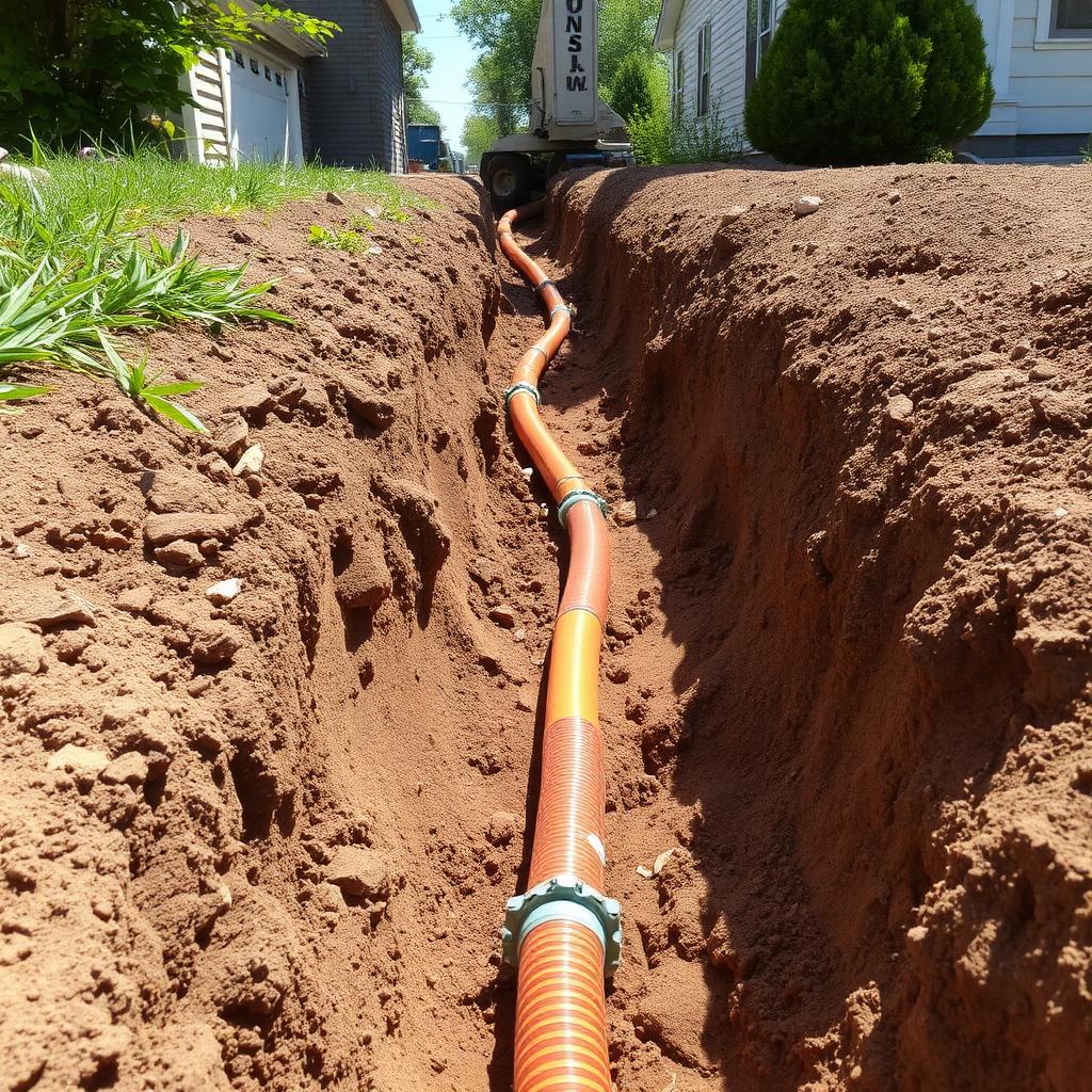 Excavation trench with new water service line being installed